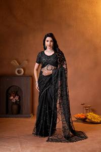 Sari de Red Negro Premium OEM a Precio de Fábrica, Prenda Tradicional Étnica India, Sari de Diseñador Bordado con Lentejuelas Listo para Usar - Product Image 2