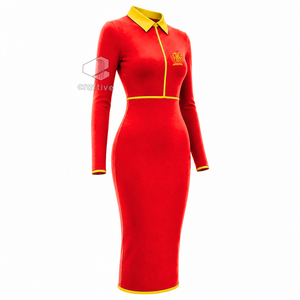 Vestido Midi Ajustado Rojo para Mujer NSPDK con Cuello Polo Dorado en Contraste, Cierre de Cremallera de un Cuarto, Manga Larga, Estilo Casual - Product Image 2