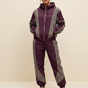 Wholesale Price 100% Cotton Lightweight Winter Lace Color Block 2-piece Zip up Jacket & Cuffed Bottom <b>Joggers</b> <b>Set</b> for <b>Women</b> - Product Image 4