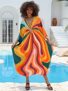 V Neck Maxi Kaftan Long Sleeve Loose Fit Geometric Print <b>Wrap</b> Tie Front Summer Beach Dress Breathable Woven Fabric Women's - Product Image 4