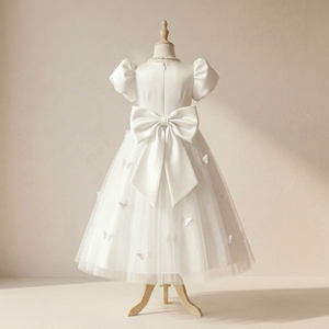 Vestido de niña de las flores Grace Ivory con cuello de perlas, mangas abullonadas, mariposas 3D hechas a mano, vestido de satén hasta la rodilla, estilo princesa para boda - Product Image 4