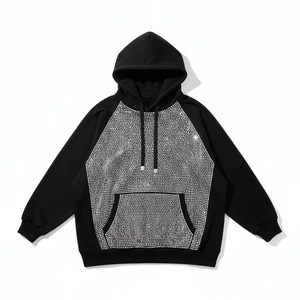 Sweat-shirt à capuche surdimensionné pour homme, orné de strass, manches raglan, tricoté, vêtements d'hiver, couleur unie, noir - Product Image 1
