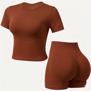 Wholesale Custom Womens <b>brown</b> yoga <b>Set</b> Short Sleeve Fitness Top quick dry High Waist Scrunch Shorts <b>Gym</b> Sportswear Outfit <b>Set</b> - Product Image 1