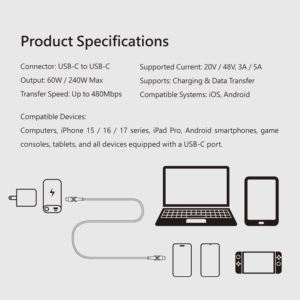 Câble de charge rapide USB-C 60W, cuivre pur, gaine en PVC tressé, 1 m, cordon de type C durable pour téléphones, tablettes, ordinateurs portables - Product Image 5