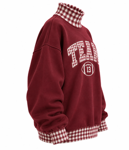 Pull-over décontracté d'hiver pour femme, col montant oversize, motif écossais et patchwork, style streetwear, vente en gros sur mesure - Product Image 5