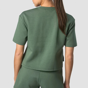 T-shirt court vert pour femme, manches courtes, col rond, couleur unie, coupe décontractée, 100 % coton tricoté, respirant, pour le printemps et l'été - Product Image 2