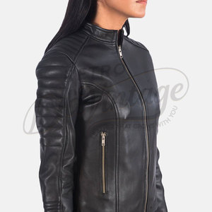 Premium Women Black Real <b>Leather</b> Biker <b>Jacket</b> Quilted Sleeves Slim Fit Soft Sheepskin Moto <b>Jacket</b> Casual <b>Leather</b> Outerwear - Product Image 2