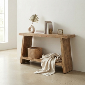 Solid Wood Console <b>Table</b> Modern <b>Rustic</b> A Line Frame Leg Natural Teak Style <b>Wooden</b> Entryway <b>Table</b> Home Living Room Furniture - Product Image 4