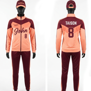 Combinaison d'entraînement de hockey sur gazon pour femmes, polyester interlock premium 220 GSM, bordeaux, panneaux contrastants corail, logo personnalisé par transfert thermique - Product Image 1