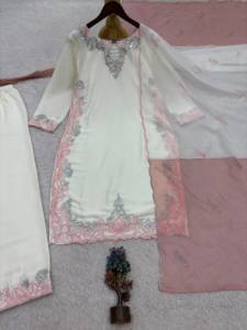 Conjunto de satén de seda con bordado de diseñador y trabajo de lentejuelas, top con pantalón y dupatta, completamente cosido y listo para usar. - Product Image 4