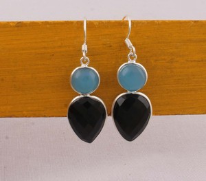 Natural Blue Chalcedony & Black Onyx <b>Earrings</b> 925 <b>Sterling</b> <b>Silver</b> Two-Stone Geometric <b>Dangle</b> <b>Earrings</b> Handmade Boutique Jewelry - Product Image 6