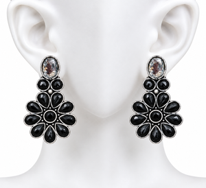 Fashion Flower Stud <b>Earrings</b> with <b>Black</b> Stone | Oxidized Silver Floral Stud <b>Earrings</b> | Indian Ethnic Fashion Jewelry - Product Image 5