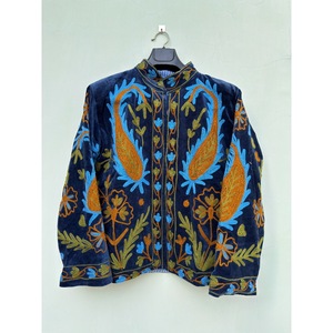 เสื้อแจ็คเก็ตกำมะหยี่ปักมือ แขนยาว คอจีน ลายดอกไม้ สีฟ้า ส้ม เขียว แบบสวมหัว สำหรับฤดูใบไม้ร่วง - Product Image 1