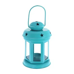 Lanterne en métal peinte en bleu, porte-bougie artistique pour réception de mariage, maison, patio, restaurant, hôtel, décoration de jardin - Product Image 1