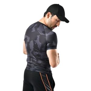 Camiseta Deportiva Ajustada de Manga Corta con Cuello Redondo y Camuflaje Negro y Gris para Hombre, Ideal para Entrenamiento, Gimnasio y Fitness - Product Image 5
