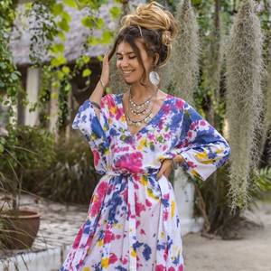 Hermoso y Elegante Kaftán Indio Hecho a Mano de Algodón para Mujer, Cuello en V, Manga Media, Largo Maxi, Estilo Wrap, Tie-Dye, Recto, Regalo para Ella, Venta al por Mayor - Product Image 2