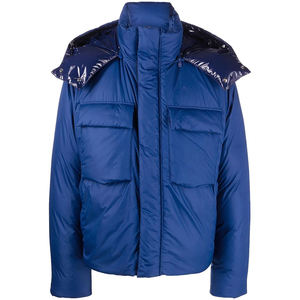 Veste d'hiver décontractée pour homme OEM, chaude, matelassée, avec capuche, bleu et noir, fermeture éclair, manteau en duvet de canard, poches décoratives CP-MPJ-06 - Product Image 1