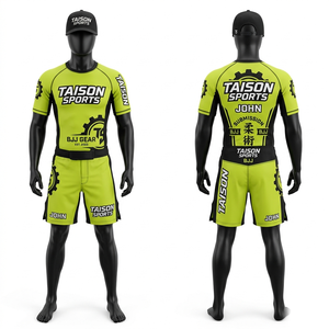 Premium 240 GSM Polyester Spandex BJJ Rash Guard Shorts Set Yellow Black Sublimation Stretch Panel Custom Logo - Product Image 2