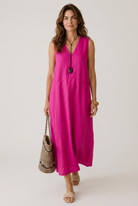 Wholesale Price Cotton Slub for Women Maxi Length <b>Dress</b> Sundress Summer Wear V Neck Maxi <b>Dress</b> - Product Image 1