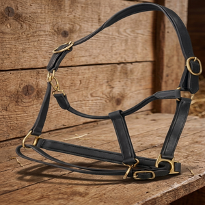 Licol en cuir pour cheval réglable à double boucle, noir, marron, beige, en cuir véritable avec quincaillerie en laiton - Product Image 6