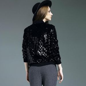 Blouson bomber noir à sequins pour femme, fermeture éclair, vêtement de soirée, vêtement d'extérieur tendance - Product Image 3