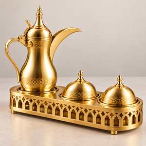 Golden Arabic Dallah <b>Coffee</b> <b>Set</b> with Decorative Stand MiddleEast Style Metal Tea Maker Durable Design - Product Image 1