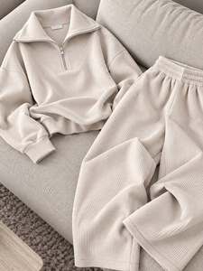 Ensemble de survêtement unisexe marron côtelé à col zippé, haut à manches longues et pantalon de jogging, style streetwear décontracté uni coupe ample pour l'automne - Product Image 4