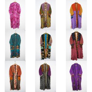 Multi-Colour Up-cycled Sleepwear Vintage Silk Saree Floral Kimono Indian Handmade Maxi Gown Dress Style Knee Length Bathrobe - Product Image 1