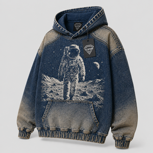 Sudadera con Capucha de Mezclilla Personalizada al por Mayor para Hombre, Estilo Urbano, con Estampado Gráfico de Astronauta, Sudadera de Jean Azul de Alto Gramaje - Product Image 1
