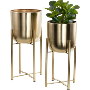 Maceta de Metal Galvanizado sobre Soporte de Alambre con Base de Patas Cruzadas, Estética Metálica, Textura Dorada, Decoración Rústica - Product Image 4