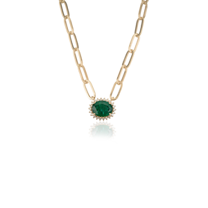 Simple Latest Design Oval Shape <b>Emerald</b> & Round Cut Diamond Stackable Paperclip Chain Cluster <b>Pendant</b> Necklace 14K Yellow Gold - Product Image 3