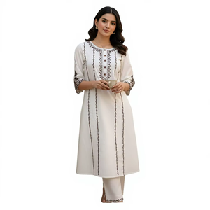 Conjunto de Kurta Larga y Pantalón Acampanado para Mujer, de Lona, 3 Piezas, Liso, Teñido, Midi, Elegante, Festivo, Ropa Étnica India y Pakistaní - Product Image 1