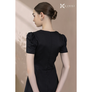 Elegante Vestido Midi Plisado con Manga con Volantes, Cuello Mandarín, Vestido de Oficina para Mujer, Corte en A, con Cinturón, Vestido Sólido 100% Algodón, Sencillo - Product Image 4