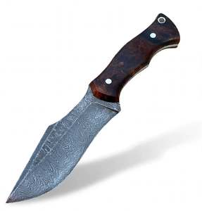 Cuchillo de Hoja Fija de Acero de Damasco Hecho a Mano, Cuchillo Utilitario con Mango de Madera de Burl Oscura Personalizado, Herramienta EDC - Product Image 1