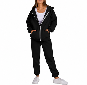 Conjunto Deportivo de Dos Piezas para Mujer, Sudadera con Capucha y Pantalones Jogger de Color Sólido, Mezcla de Algodón - Product Image 4