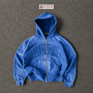 Chaqueta con Capucha Oversize Azul Lavado, con Letras Bordadas, Cremallera Completa, Estilo Retro Grunge Desgastado, Urbano Casual - Product Image 5