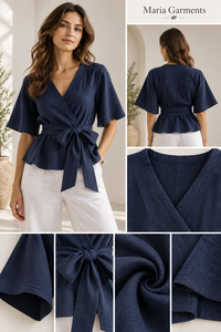 Chemisier Cache-Cœur Uni en Lin et Coton pour Femme, Manches Courtes, Col en V, Taille Nouée, Peplum, Haut de Bureau Respirant, Coupe Classique, Printemps-Été - Product Image 6