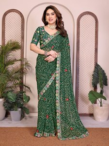 Sari con Estampado Bandhani de Diseñador y Borde Bordado |   Sari Étnico Tradicional Indio para Mujer |   Ropa Festiva para Fiestas - Product Image 3