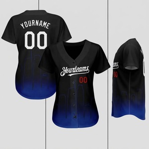 เสื้อเบสบอลผู้หญิงสีดำไล่เฉดสีน้ำเงิน ยี่ห้อ Yourteams คอวี แขนสั้น ทรงพอดีตัว ระบายอากาศได้ดี พิมพ์ลายแบบ Sublimated  พร้อมสกรีนชื่อทีมตามสั่ง หมายเลข 00 - Product Image 2