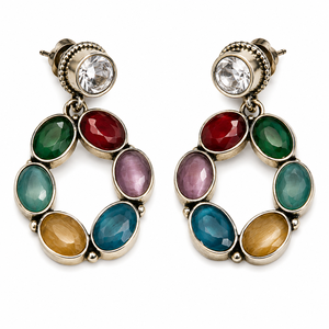 Fournisseur en gros de boucles d'oreilles créoles en argent oxydé style Bohème multi-pierres, bijoux de mode pour femmes, fournisseur en gros - Product Image 1