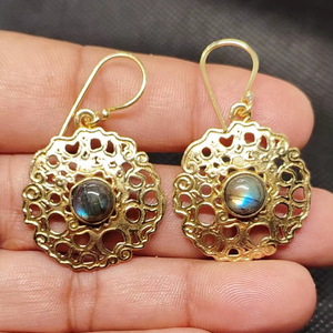 Beautiful Natural Flashy Labradorite Long Drop Earrings Solid Brass Gold Plated Beaded Design Bezel Set Handmade Trendy - Product Image 5