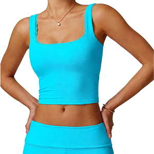 Women's <b>Pink</b> Ribbed Neck <b>Crop</b> <b>Top</b> Strap Tank Breathable High Support Solid Color Simple Front Logo Yoga Eco-Friendly Quick Dry - Product Image 6