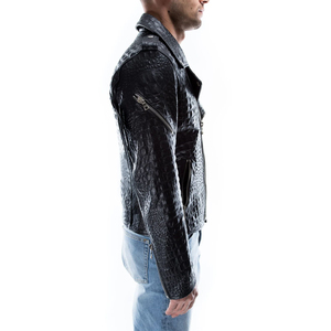 Blouson moto homme en cuir PU noir gaufré crocodile, coupe ajustée, col rabattable, fermeture éclair, manches classiques, style automne - Product Image 3