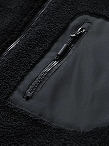 Men's Black <b>Fleece</b> <b>Jacket</b> Stand Collar Zipper Closure Windproof Casual Winter Outerwear Regular Fit Sherpa <b>Lining</b> - Product Image 4