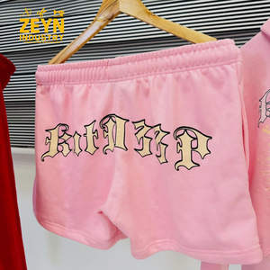 ชุดเซ็ตเสื้อฮู้ดและกางเกงขาสั้น 2 ชิ้นสำหรับผู้หญิงจาก ZEYN INDUSTRY พร้อมกระดุม ลายตัวอักษรพิมพ์บนผ้าตาข่าย ผ้าฝ้าย สีชมพูแดง สไตล์พังก์ สำหรับฤดูร้อน - Product Image 6