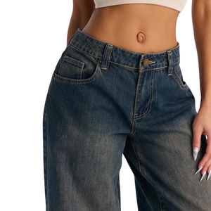 Jean en denim bleu foncé pour femme, coupe large, taille mi-haute, décontracté, ample, 100 % polyester, style vintage, longueur complète, mode quotidienne, XS - Product Image 3