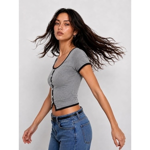 Women's Ribbed <b>Crop</b> <b>Top</b>, Short Sleeve, Button-Front, Contrast Trim, Fitted Style, Y2K <b>Top</b>, Going Out Everyday Wear, 100% Cotton - Product Image 1