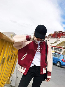 High Quality Splicing Color Leather Sleeves Women's Varsity Jackets Button Down <b>Distressed</b> Outerwear Classic Oversized Jacket - Product Image 2