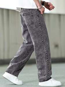Jeans vintage gris délavé à l'acide pour homme, coupe large |   Décontracté et ample |   Pantalon décontracté à jambe droite, uni, écologique, en spandex/coton, séchage rapide - Product Image 4
