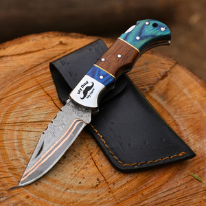 Cuchillo de Bolsillo Plegable de Acero Damasco y Cobre Artesanal, Diseño 2026, Grado Industrial, Punta de Gota, Mango de Madera Pakka, Impresionante - Product Image 5